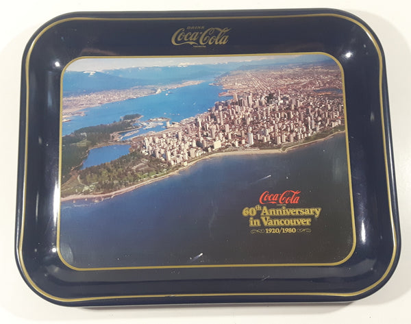 Vintage 1980 60th Anniversary of Coca-Cola in Vancouver 1920-1980 Aerial Shot of Downtown Vancouver and Part of Stanley Park Official Blue Metal Beverage Tray