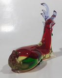 Vintage Laying Reindeer Red Green and Clear 6 1/4" Long Art Vaseline Uranium Glass Ornament