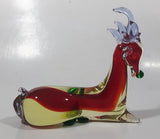 Vintage Laying Reindeer Red Green and Clear 6 1/4" Long Art Vaseline Uranium Glass Ornament