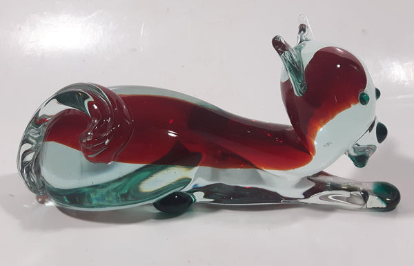 Vintage Murano Style Clear Red and Green Laying Cat 7 1/2" Long Art Glass Ornament