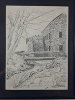 Cobblestone Building with Watermill Wheel 17" x 21" Framed Charcoal Pencil Sketch Signed