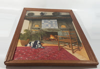 Antique Black and White Dog in Front of Fireplace 19 1/2" x 28" Framed Fabric Art Painting Print with Wood Backing