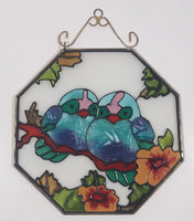 Vintage Blue Song Bird Octagon Shaped 6 1/4" x 6 1/4" Painted Stained Glass Suncatcher Needs Hanger Repair