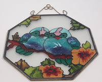 Vintage Blue Song Bird Octagon Shaped 6 1/4" x 6 1/4" Painted Stained Glass Suncatcher Needs Hanger Repair