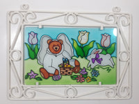 Teddy Bear Angel with Rabbit Picnic 9" x 12 5/8" Stained Glass Ornate White Painted Metal Frame