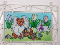 Teddy Bear Angel with Rabbit Picnic 9" x 12 5/8" Stained Glass Ornate White Painted Metal Frame