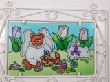 Teddy Bear Angel with Rabbit Picnic 9" x 12 5/8" Stained Glass Ornate White Painted Metal Frame