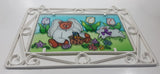 Teddy Bear Angel with Rabbit Picnic 9" x 12 5/8" Stained Glass Ornate White Painted Metal Frame