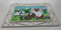 Teddy Bear Angel with Rabbit Picnic 9" x 12 5/8" Stained Glass Ornate White Painted Metal Frame