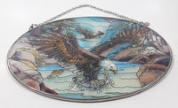 AMIA Jody Bergsma Detailed Bald Eagles Catching Fish Oval Shaped Hand Painted Stained Glass Window Sun Catcher Hanging