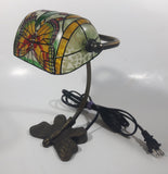 Beautiful Tiffany Style Butterfly Themed Stained Glass and Brass Butterfly Base Banker's Table Lamp Light 9 1/2" Tall