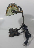 Beautiful Tiffany Style Butterfly Themed Stained Glass and Brass Butterfly Base Banker's Table Lamp Light 9 1/2" Tall