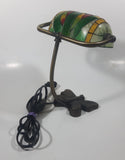 Beautiful Tiffany Style Butterfly Themed Stained Glass and Brass Butterfly Base Banker's Table Lamp Light 9 1/2" Tall