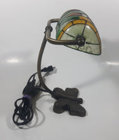 Beautiful Tiffany Style Butterfly Themed Stained Glass and Brass Butterfly Base Banker's Table Lamp Light 9 1/2" Tall