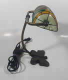 Beautiful Tiffany Style Butterfly Themed Stained Glass and Brass Butterfly Base Banker's Table Lamp Light 9 1/2" Tall