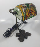 Beautiful Tiffany Style Butterfly Themed Stained Glass and Brass Butterfly Base Banker's Table Lamp Light 9 1/2" Tall