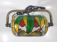 Beautiful Tiffany Style Butterfly Themed Stained Glass and Brass Butterfly Base Banker's Table Lamp Light 9 1/2" Tall