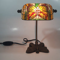 Beautiful Tiffany Style Butterfly Themed Stained Glass and Brass Butterfly Base Banker's Table Lamp Light 9 1/2" Tall