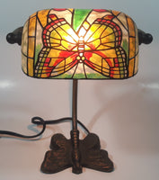 Beautiful Tiffany Style Butterfly Themed Stained Glass and Brass Butterfly Base Banker's Table Lamp Light 9 1/2" Tall