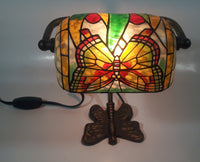 Beautiful Tiffany Style Butterfly Themed Stained Glass and Brass Butterfly Base Banker's Table Lamp Light 9 1/2" Tall