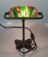 Beautiful Tiffany Style Butterfly Themed Stained Glass and Brass Butterfly Base Banker's Table Lamp Light 9 1/2" Tall