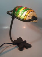 Beautiful Tiffany Style Butterfly Themed Stained Glass and Brass Butterfly Base Banker's Table Lamp Light 9 1/2" Tall