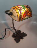 Beautiful Tiffany Style Butterfly Themed Stained Glass and Brass Butterfly Base Banker's Table Lamp Light 9 1/2" Tall