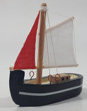 Red And White Sails Black Small Wooden Boat Model 2 3/4" Long