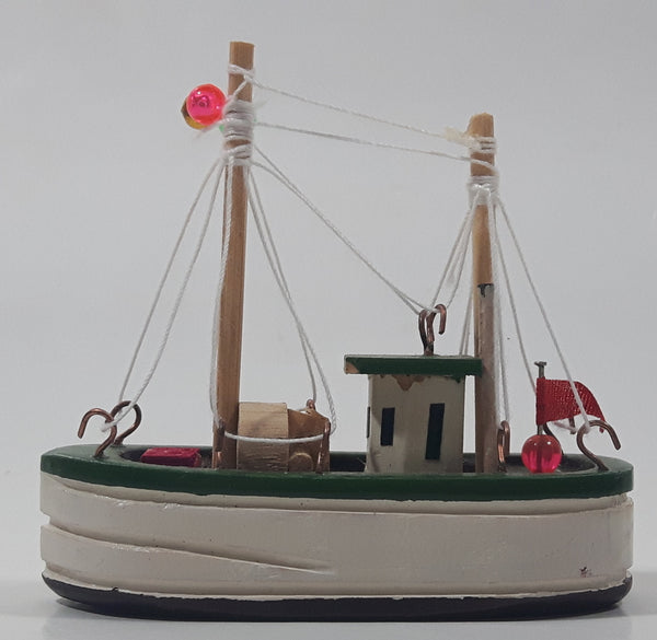 Fishing Trawler Sail Boat Detailed White And Green Small Wooden Boat Model 2 3/4" Long