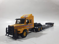 Vintage 1984 Matchbox Super Kings K-117 Bulldozer Transporter Scania T-142 M Semi Tractor Trailer Taylor Woodrow Yellow Brown 1/60 Scale Die Cast Toy Car Vehicle