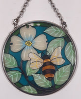 AMIA Bee with White Flower and Leaves Small 3 1/2" Painted Stained Glass Suncatcher