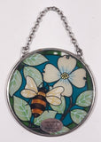 AMIA Bee with White Flower and Leaves Small 3 1/2" Painted Stained Glass Suncatcher