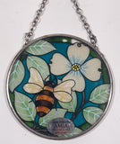 AMIA Bee with White Flower and Leaves Small 3 1/2" Painted Stained Glass Suncatcher