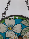 AMIA Bee with White Flower and Leaves Small 3 1/2" Painted Stained Glass Suncatcher