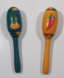 Vintage Cactus and Chili Pepper Hand Painted Wood Maracas Musical Instruments 4 3/4" Long