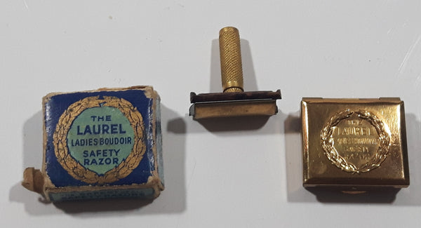 Vintage The Laurel Ladies Boudoir Safety Razor Miniature Gold Tone Metal Shaving Razor with Box