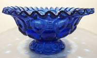 Vintage Mosser / Weishar Ruffled Edge Moons & Stars Pattern 8" Cobalt Blue Glass Pedestal Candy Dish Bowl