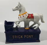 Vintage Trick Pony Horse Blue, White, and Dark Brown Cast Iron Mechanical Coin Bank