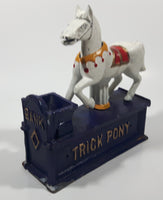 Vintage Trick Pony Horse Blue, White, and Dark Brown Cast Iron Mechanical Coin Bank