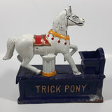 Vintage Trick Pony Horse Blue, White, and Dark Brown Cast Iron Mechanical Coin Bank