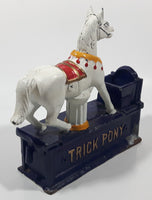 Vintage Trick Pony Horse Blue, White, and Dark Brown Cast Iron Mechanical Coin Bank