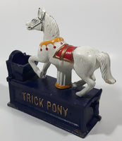 Vintage Trick Pony Horse Blue, White, and Dark Brown Cast Iron Mechanical Coin Bank