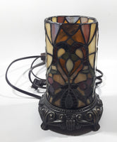 Vintage Heart Pattern Cylinder Shaped Footed Brass Metal Bottom 7 1/2" Tall Stained Glass Table Lamp