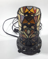 Vintage Heart Pattern Cylinder Shaped Footed Brass Metal Bottom 7 1/2" Tall Stained Glass Table Lamp