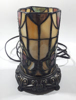 Vintage Heart Pattern Cylinder Shaped Footed Brass Metal Bottom 7 1/2" Tall Stained Glass Table Lamp