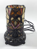 Vintage Heart Pattern Cylinder Shaped Footed Brass Metal Bottom 7 1/2" Tall Stained Glass Table Lamp