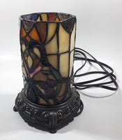 Vintage Heart Pattern Cylinder Shaped Footed Brass Metal Bottom 7 1/2" Tall Stained Glass Table Lamp