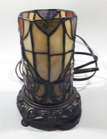 Vintage Heart Pattern Cylinder Shaped Footed Brass Metal Bottom 7 1/2" Tall Stained Glass Table Lamp