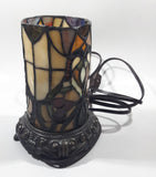 Vintage Heart Pattern Cylinder Shaped Footed Brass Metal Bottom 7 1/2" Tall Stained Glass Table Lamp