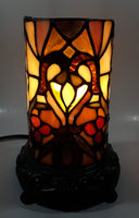 Vintage Heart Pattern Cylinder Shaped Footed Brass Metal Bottom 7 1/2" Tall Stained Glass Table Lamp